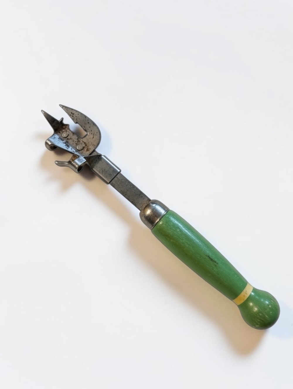 Vintage Can Opener with Green Wooden Handle, Mid-Century Metal Kitchen Tool